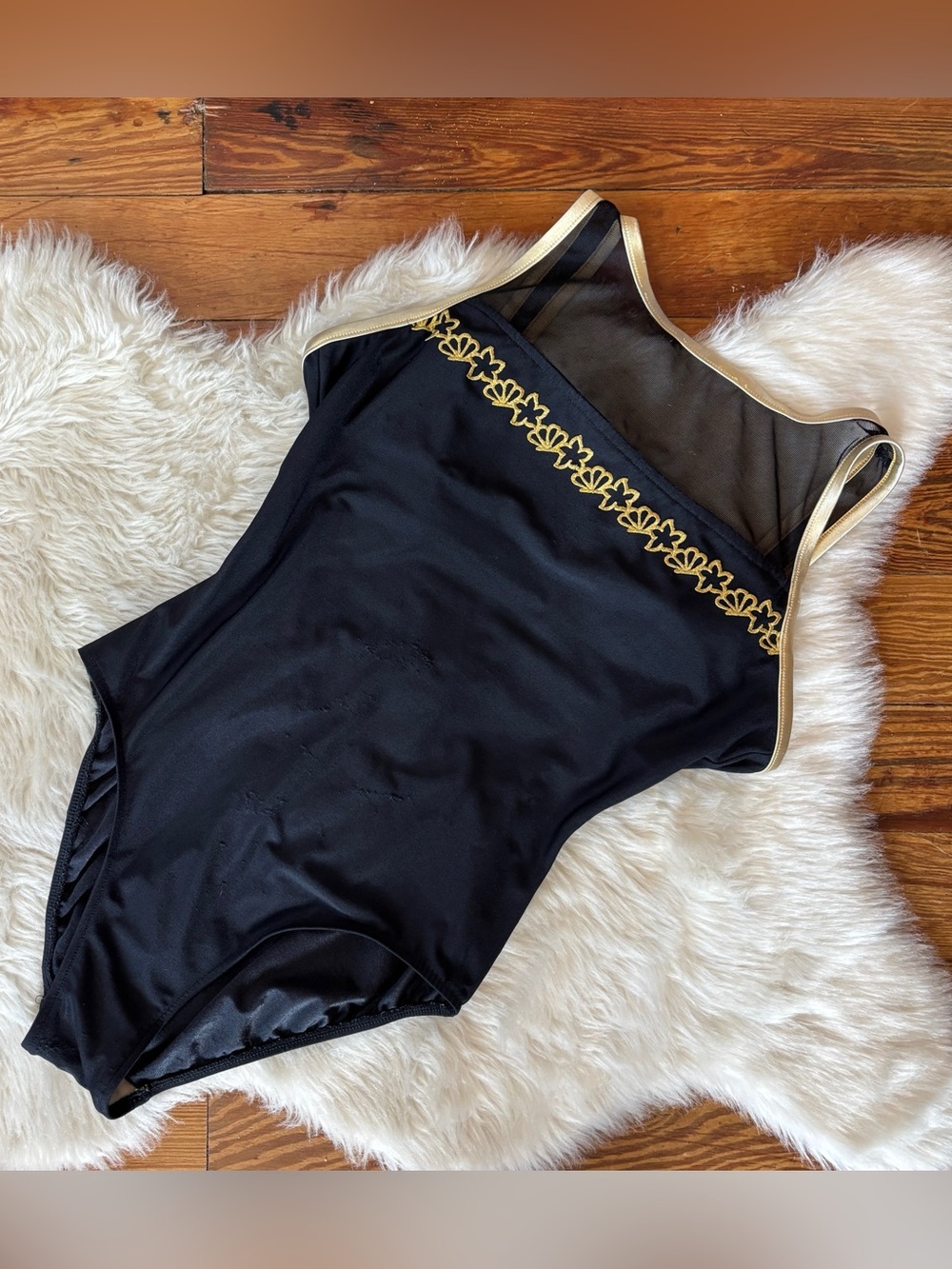 Vintage Basic Editions Black One-Piece Shell Embroidered Mesh Swimsuit